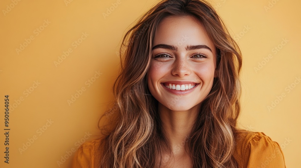 Portrait of an attractive woman, smiling warmly at the camera, three-quarters view, plain color background. Portrait of an attractive woman, smiling warmly at the camera, three-quarters view, plain color background.