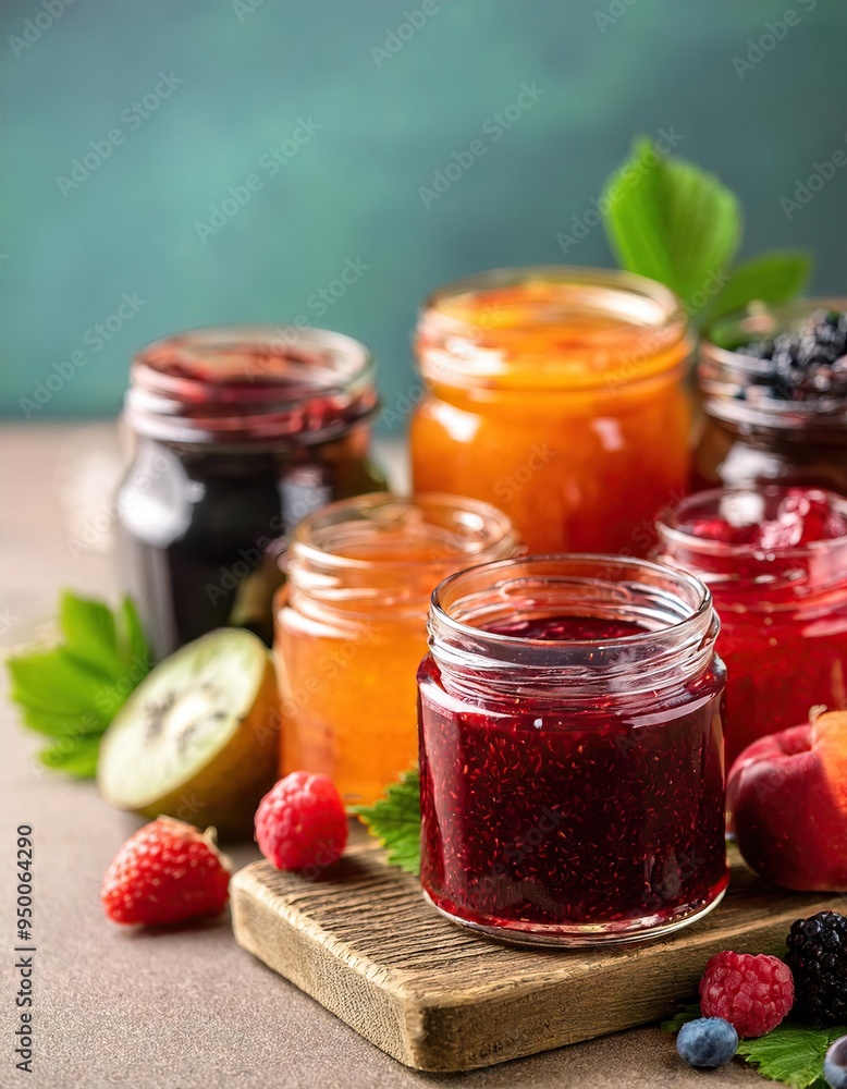 Homemade assortment of berry and fruit jams in jars. Summer harvest in sweet preserves, confitures or jams