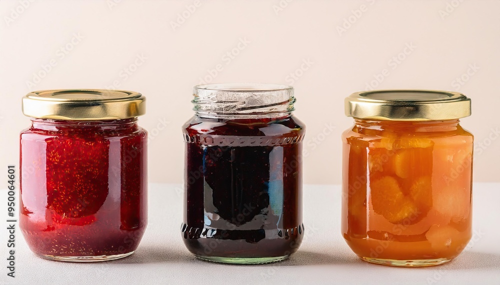 Homemade assortment of berry and fruit jams in jars. Summer harvest in sweet preserves, confitures or jams Homemade assortment of berry and fruit jams in jars. Summer harvest in sweet preserves, confitures or jams