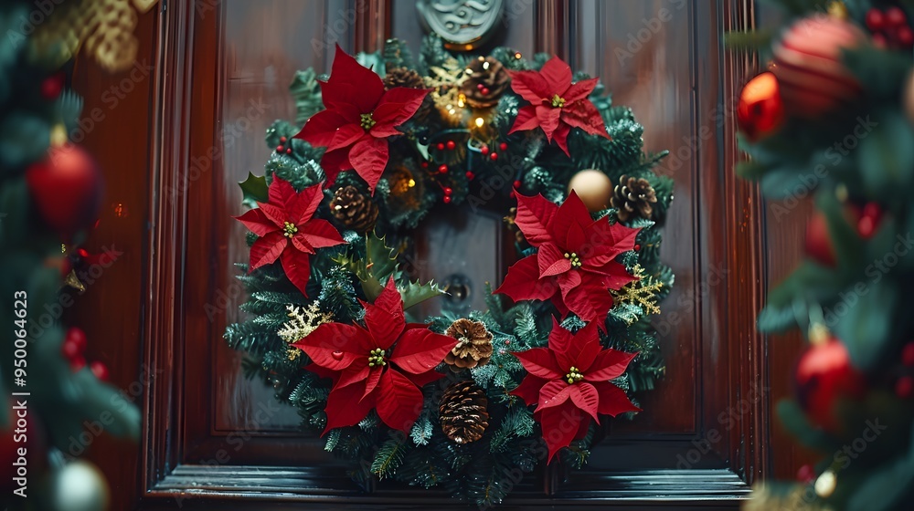 Festive Wreath Hanging on a Christmas Door: A Joyful Holiday Tradition