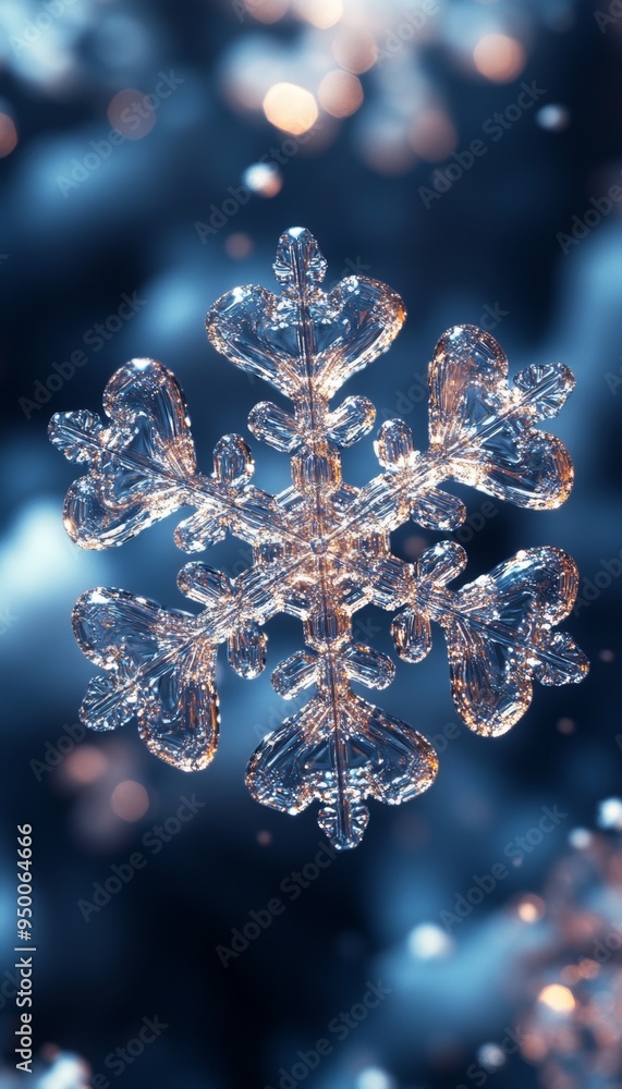 A close-up view of a crystal snowflake, shimmering against a dark blue background, capturing winter's beauty and intricate design. A close-up view of a crystal snowflake, shimmering against a dark blue background, capturing winter's beauty and intricate design.