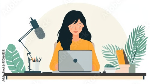 woman working on laptop, making a podcast