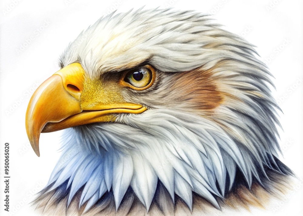 Obraz premium A majestic bald eagle's head is meticulously rendered in precise pencil strokes, showcasing striking feathers and a regal gaze on a crisp white background.