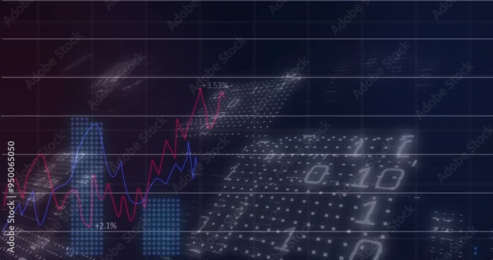 Stock market data and binary code animation over financial graph Stock market data and binary code animation over financial graph