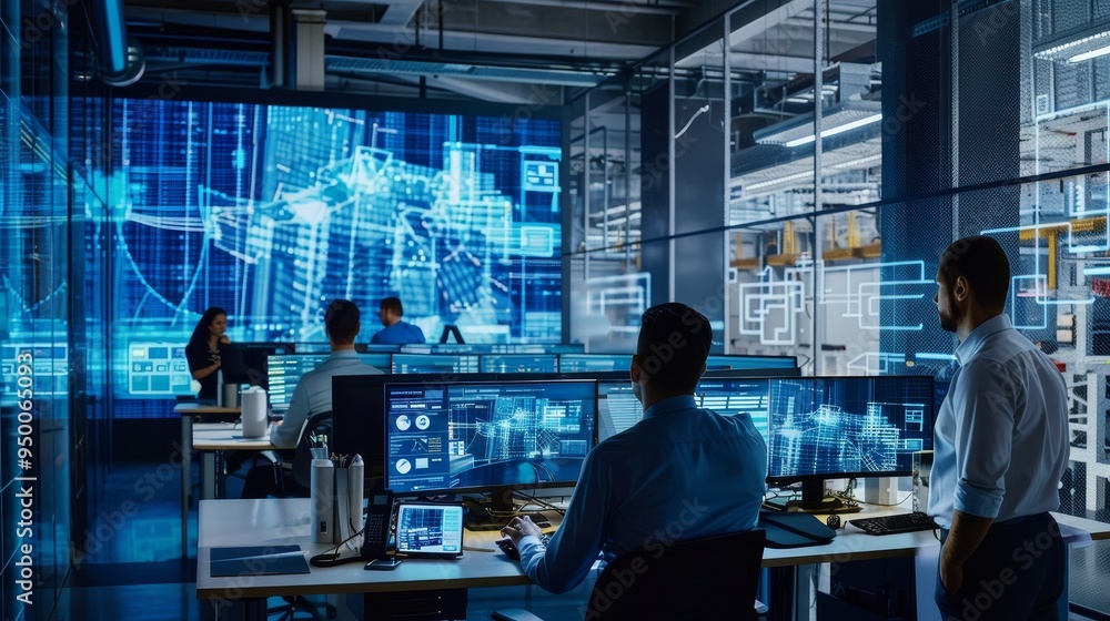 Futuristic engineers employ ai for structural analysis in workspace with digital twin tech Futuristic engineers employ ai for structural analysis in workspace with digital twin tech