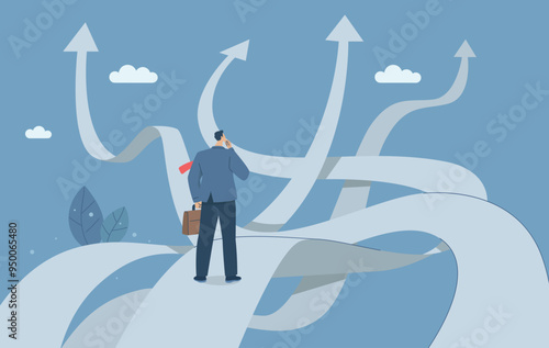 Business decisions or choices, Finding the right direction, Business opportunities or paths to success, Using vision to decide the path ahead, Businessman are choosing a business path. Vector.