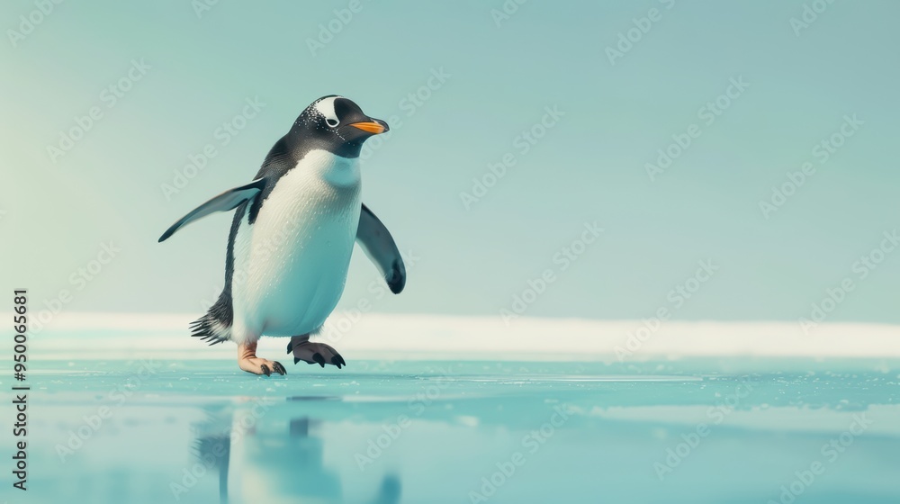 Obraz premium A charming penguin waddles gracefully across icy terrain under a bright sky, showcasing the beauty of nature in the Arctic.