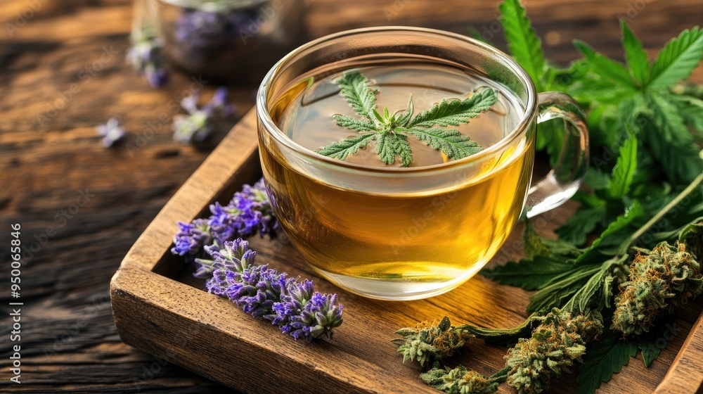 Relaxing cup of herbal tea with fresh cannabis leaves, set on a rustic wooden tray, emphasizing the benefits of natural ingredients. Relaxing cup of herbal tea with fresh cannabis leaves, set on a rustic wooden tray, emphasizing the benefits of natural ingredients.