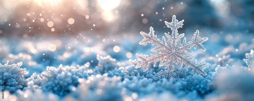 A close-up view of a delicate snowflake resting on soft snow, glimmering in the winter light, creating a serene, magical atmosphere. A close-up view of a delicate snowflake resting on soft snow, glimmering in the winter light, creating a serene, magical atmosphere.