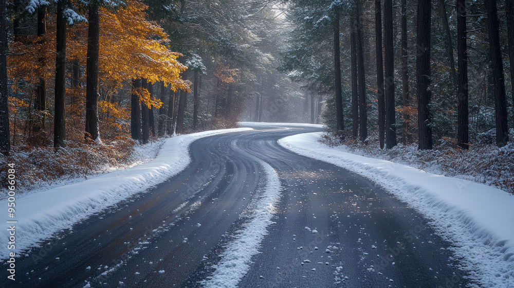 Snow-covered roads in pine forests, highlighting the stark contrast of white snow and green pines. Snow-covered roads in pine forests, highlighting the stark contrast of white snow and green pines.