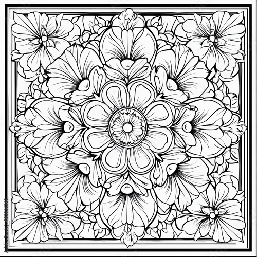 Exquisite Floral Mandala Featuring Symmetrical Blooms in Detailed Line Art