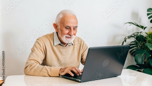 Elderly man comfortably using laptop at home, online connection, cozy ambiance, technology learning in old age 