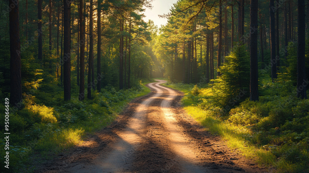 Fototapeta premium Spring roads with fresh green growth in the pine forests, symbolizing renewal and nature awakening.