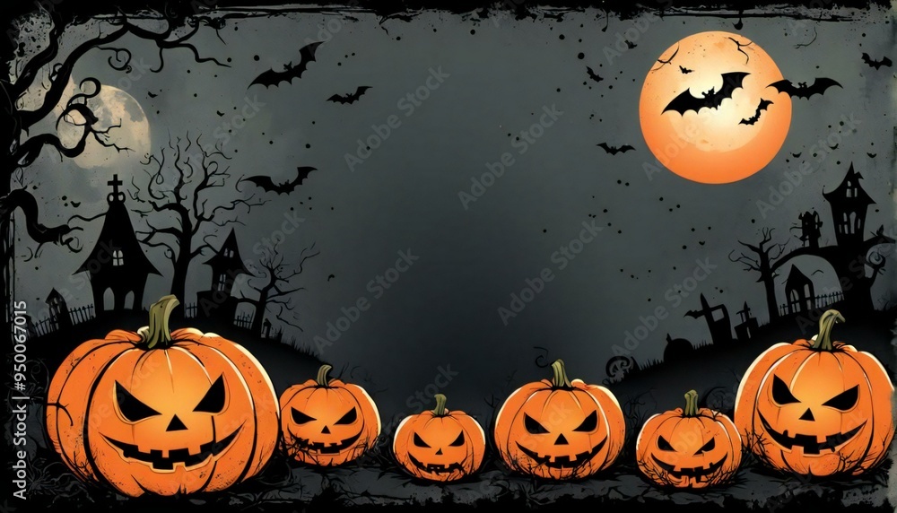 Illustration of a grunge Halloween frame with pumpkins,bats,graves and a spider Illustration of a grunge Halloween frame with pumpkins,bats,graves and a spider