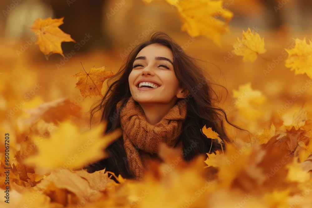 beautiful woman surrounded by a sea of yellow leaves, laughing and playing in a park during fall, with a warm and cozy atmosphere beautiful woman surrounded by a sea of yellow leaves, laughing and playing in a park during fall, with a warm and cozy atmosphere