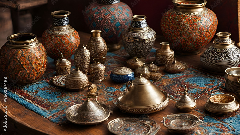 A collection of antique metal vases, bowls, and jars, adorned with intricate designs and patterns, displayed on a wooden table with a colorful rug beneath.
A collection of antique metal vases, bowls, and jars, adorned with intricate designs and patterns, displayed on a wooden table with a colorful rug beneath.