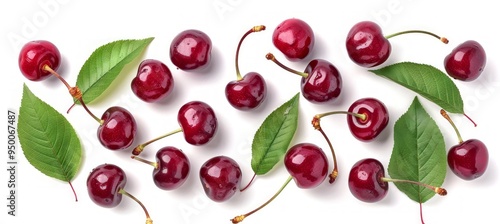 Fresh and vibrant cherries rest elegantly on a white surface. Their deep red color contrasts with green leaves. Perfect for food photography, marketing, and design projects. AI
