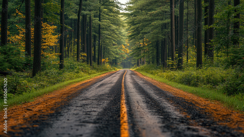 Obraz premium Summer roads surrounded by lush, vibrant pines, representing adventure and outdoor exploration.