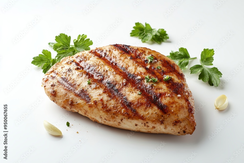 char-grilled chicken breast on a pure white surface, with a sprinkle of garlic powder and a few fresh parsley leaves char-grilled chicken breast on a pure white surface, with a sprinkle of garlic powder and a few fresh parsley leaves