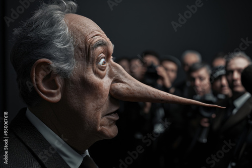 Political person with very long nose like Pinocchio being photographed by crowd of reporters, highlighting mendacity of politicians and public figures, sweet lies to public photo