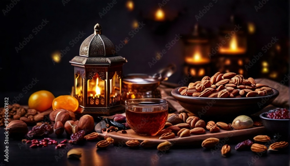 Ramadan kareem with premium dates,nuts and arabic tea. Festive still life with oriental ramadan lantern and iftar food concept Ramadan kareem with premium dates,nuts and arabic tea. Festive still life with oriental ramadan lantern and iftar food concept