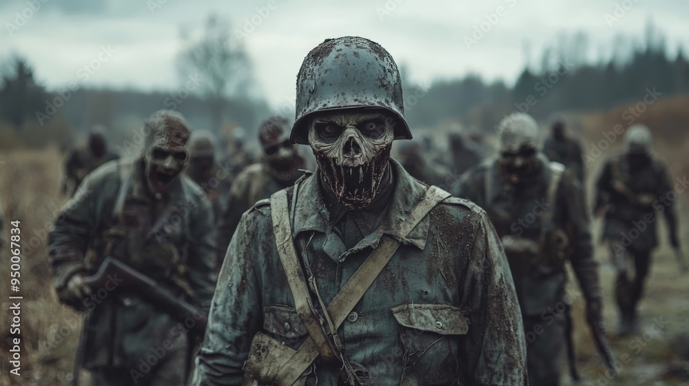 Fototapeta premium An alternate history where zombies fought in War, with undead soldiers in tattered uniforms marching through battlefields