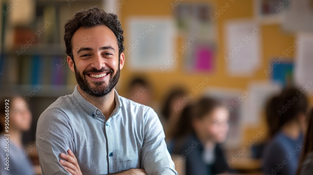 Smiling teacher in a classroom, with students blurred in the background, creating a warm, educational environment. Smiling teacher in a classroom, with students blurred in the background, creating a warm, educational environment.