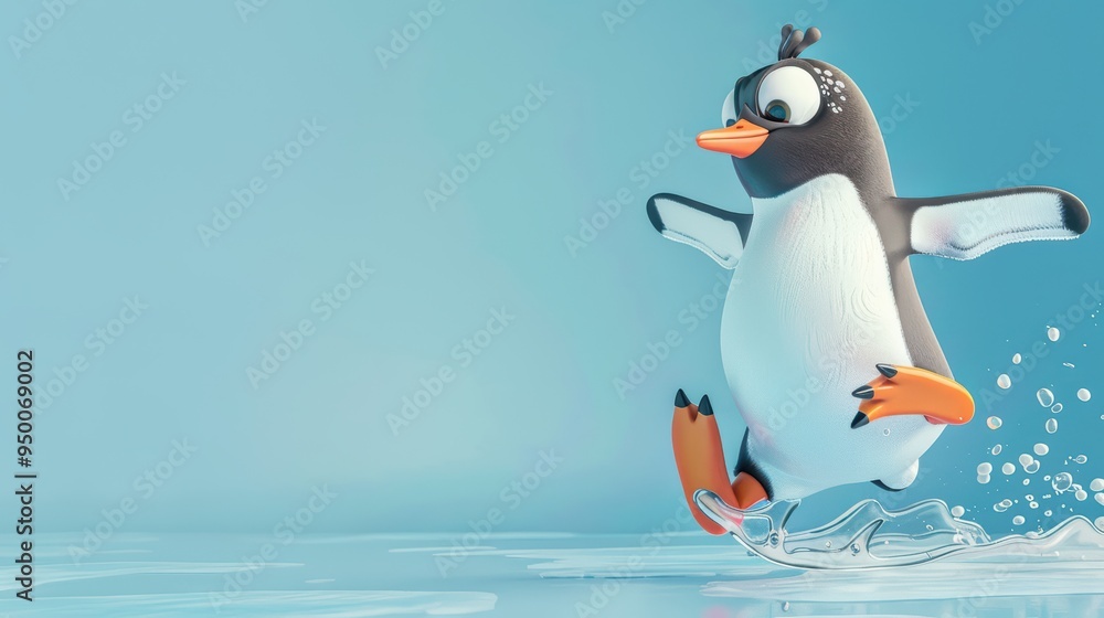 Fototapeta premium A playful penguin sliding on ice, creating splashes while enjoying the winter atmosphere and showcasing its cheerful spirit.
