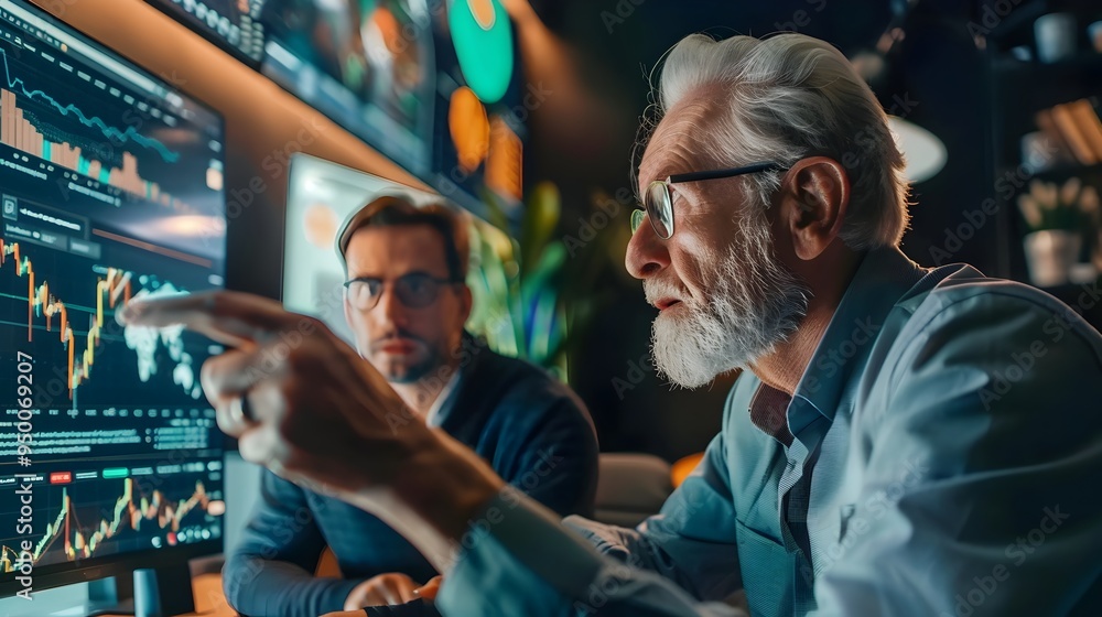 Elderly Mentor Explaining Cryptocurrency Trends to Young Businessman in Boardroom Elderly Mentor Explaining Cryptocurrency Trends to Young Businessman in Boardroom