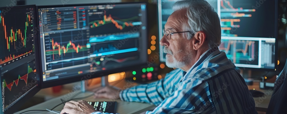 Senior Casual Clad Crypto Trader Intensely Monitoring Financial Screens Senior Casual Clad Crypto Trader Intensely Monitoring Financial Screens