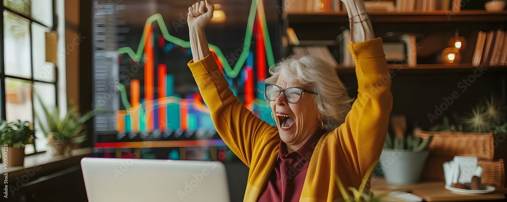 Thrilled Elderly Woman Celebrates Successful Cryptocurrency Trade on Laptop with Colorful Financial Graphs Thrilled Elderly Woman Celebrates Successful Cryptocurrency Trade on Laptop with Colorful Financial Graphs