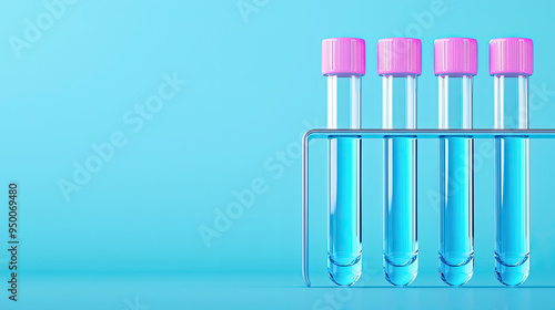 Four test tubes with pink caps contain blue liquid, set against a bright blue background, highlighting laboratory equipment. photo