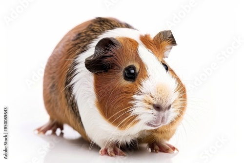 A brown and white guinea pig is standing on a white background. The guinea pig has a curious expression on its face