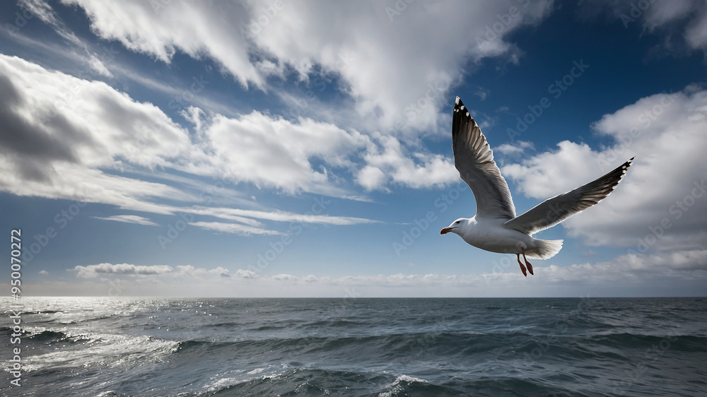 Seagull soaring over the ocean with waves under a dramatic cloudy sky, focus on the bird in center Seagull soaring over the ocean with waves under a dramatic cloudy sky, focus on the bird in center