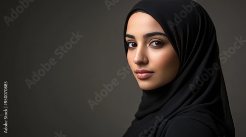 Studio portrait of a hijab-wearing woman, elegantly poised against a plain background with professional lighting.