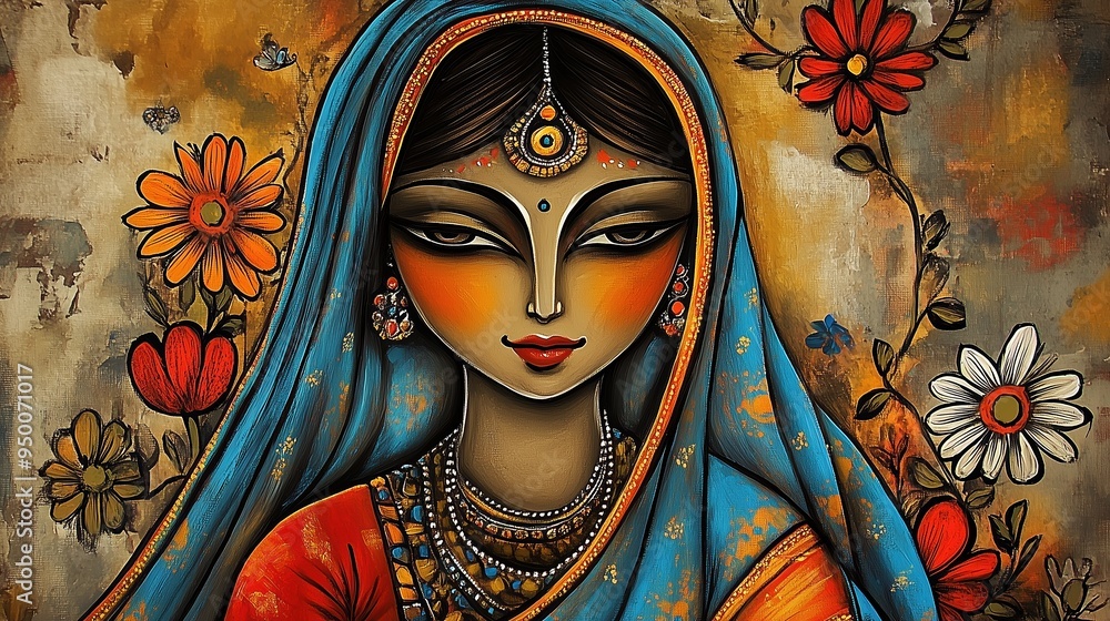 A captivating portrait of a beautiful woman wearing a traditional sari, draped in a blue veil, surrounded by vibrant flowers in a folk art style. The intricate details in this acrylic painting highlig A captivating portrait of a beautiful woman wearing a traditional sari, draped in a blue veil, surrounded by vibrant flowers in a folk art style. The intricate details in this acrylic painting highlig