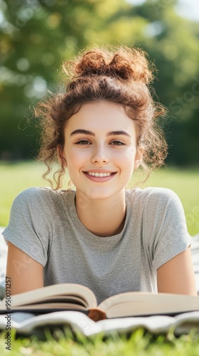 A young woman lying on a blanket in a sunny park, reading a book with a peaceful smile, surrounded by nature, showcasing the benefits of outdoor relaxation