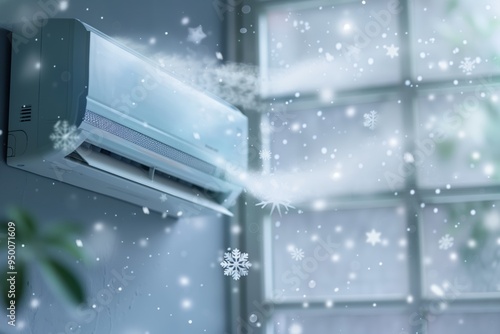 Air conditioner mounted on a wall, cooling the room with a blast of cold air, depicted as a blizzard with snow and icy wind. The image illustrates the extreme cold generated by the air conditioner.