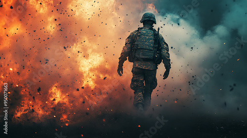 Superimposed image of a soldier and a fierce battle scene. Generative AI illustration 