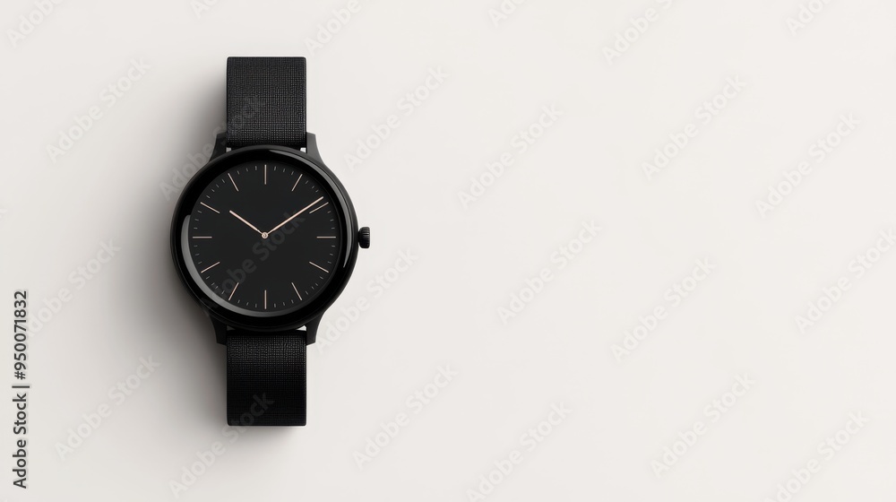A sleek black minimalist watch with a black strap, displayed against a white background, representing simplicity and elegance. A sleek black minimalist watch with a black strap, displayed against a white background, representing simplicity and elegance.