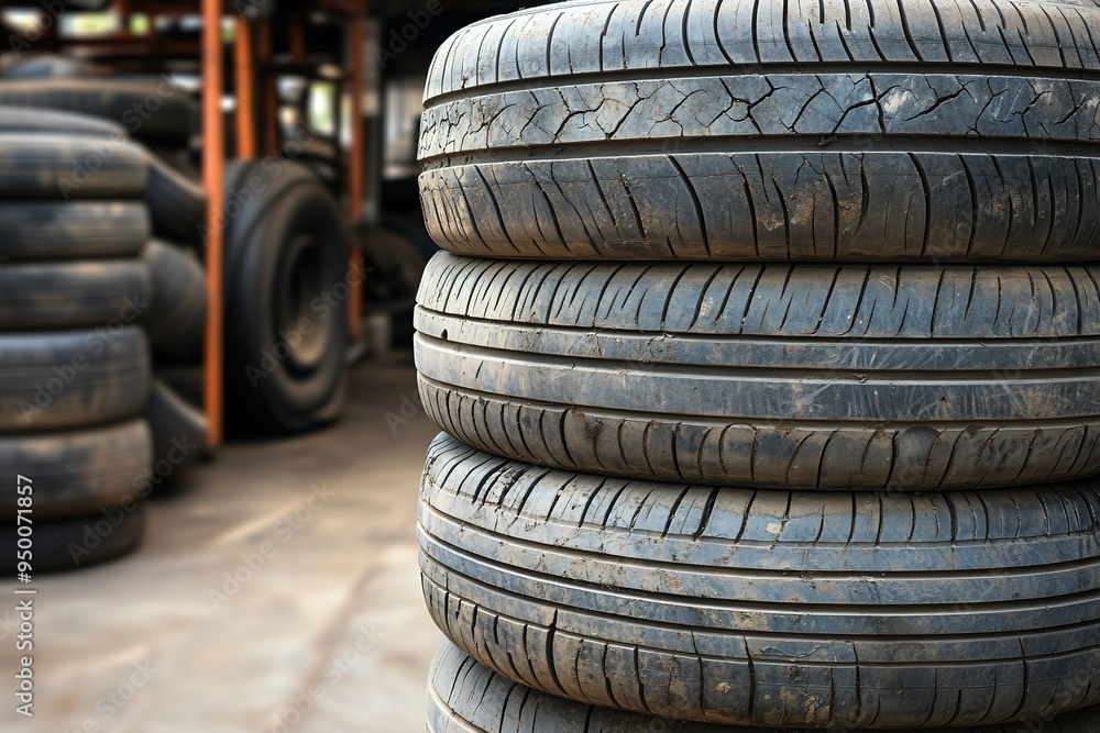 Stacked used car tires at a tire fitting service. Stacked used car tires at a tire fitting service.