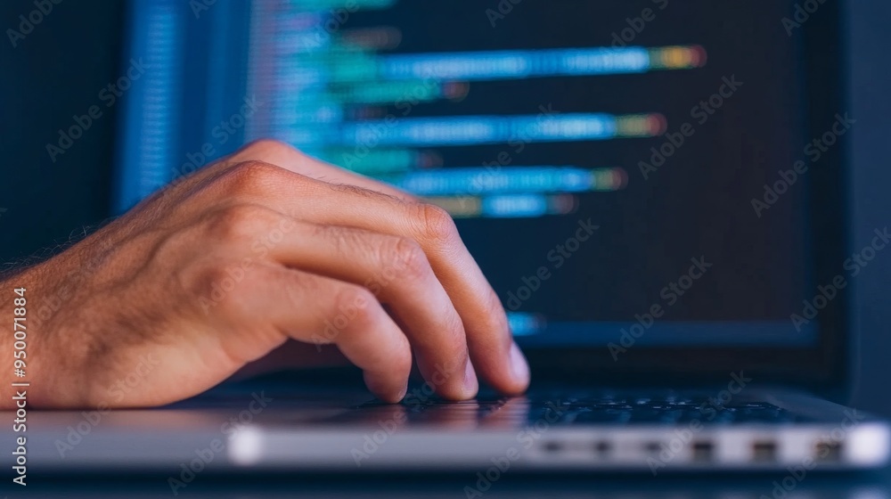 Close-up of a hand coding on a laptop keyboard, focusing on the process of software development in a modern tech environment. Close-up of a hand coding on a laptop keyboard, focusing on the process of software development in a modern tech environment.