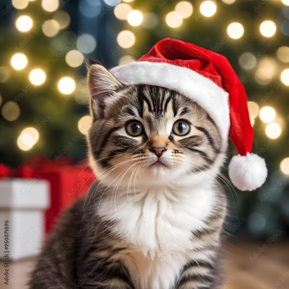 Cute kitten in a Santa hat by the Christmas tree with lights. Festive holiday scene with a furry friend. Cute kitten in a Santa hat by the Christmas tree with lights. Festive holiday scene with a furry friend.