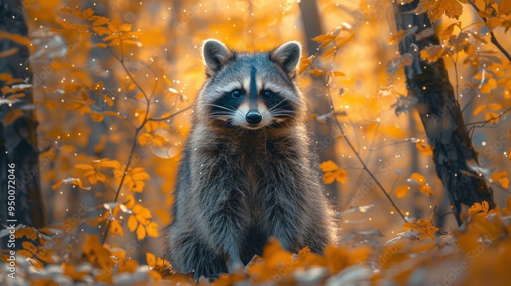 Obraz premium Cozy Autumn Vibes: Melancholic Raccoon on a Homey Background