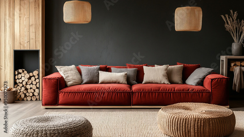 Wallpaper Mural A midcentury modern interior photo of a residential living room with interior points using black walls and wood firewood and a red sofa contrasting with the wall. Generative AI
 Torontodigital.ca
