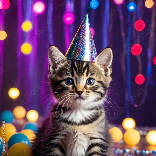 Sweet kitty in a party hat. Charming and joyful cat ready for a celebration.