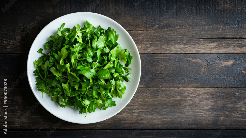 Fresh parsley placed on a white plate brings a pop of green to a rustic wooden table setting Fresh parsley placed on a white plate brings a pop of green to a rustic wooden table setting