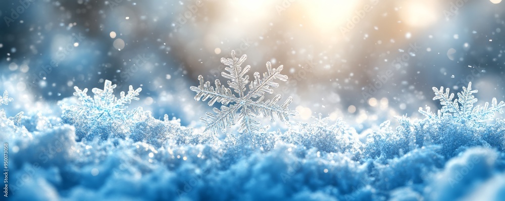 A serene winter scene showcasing delicate snowflakes resting on soft snow, illuminated by a gentle sunlight glow. A serene winter scene showcasing delicate snowflakes resting on soft snow, illuminated by a gentle sunlight glow.