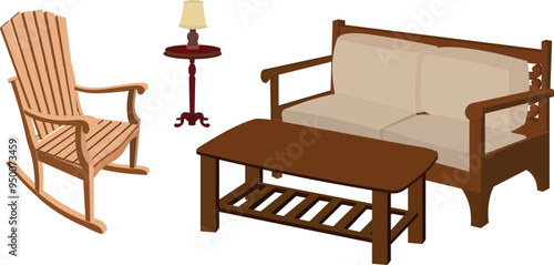 Wooden sofa and a rocking chair with a coffee or tea table and a table lamp vector illustration. drawing room furniture design isolated on white background