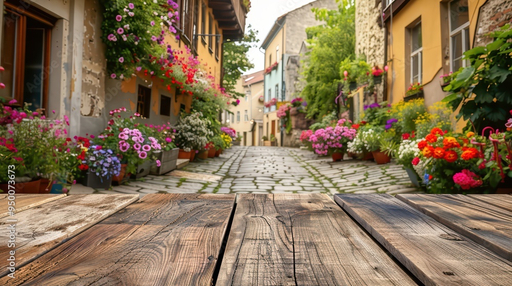 Naklejka premium Charming cobblestone street surrounded by vibrant flowers and colorful buildings, offering a serene atmosphere for leisurely strolls.